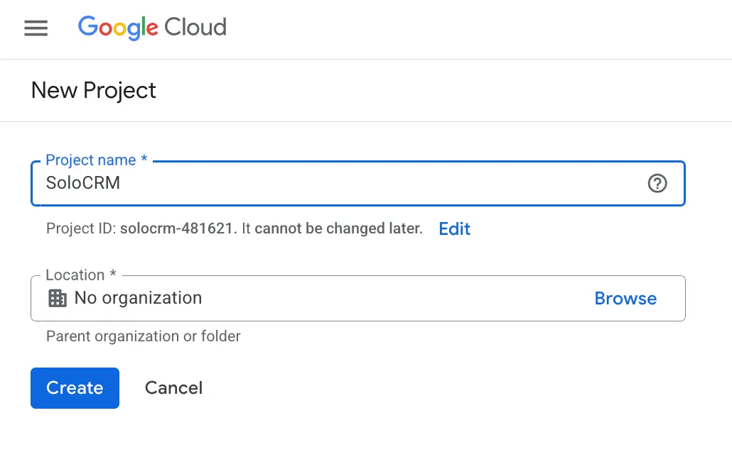 New Project form with SoloCRM as project name