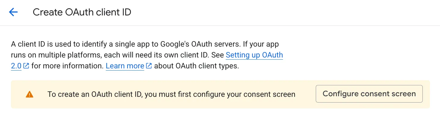 Create OAuth client ID page showing consent screen required