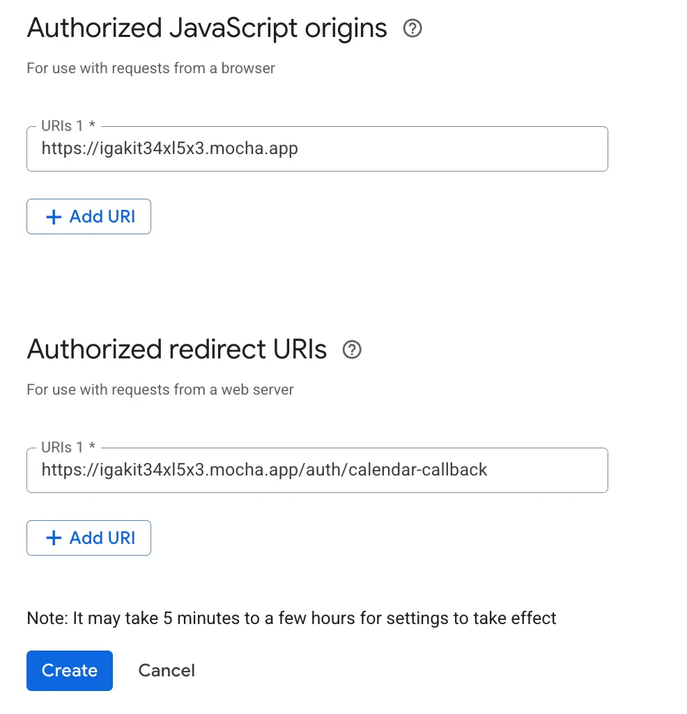 OAuth client form with Authorized JavaScript origins and redirect URIs