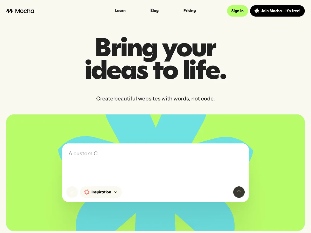 Mocha homepage — AI-powered no-code app builder