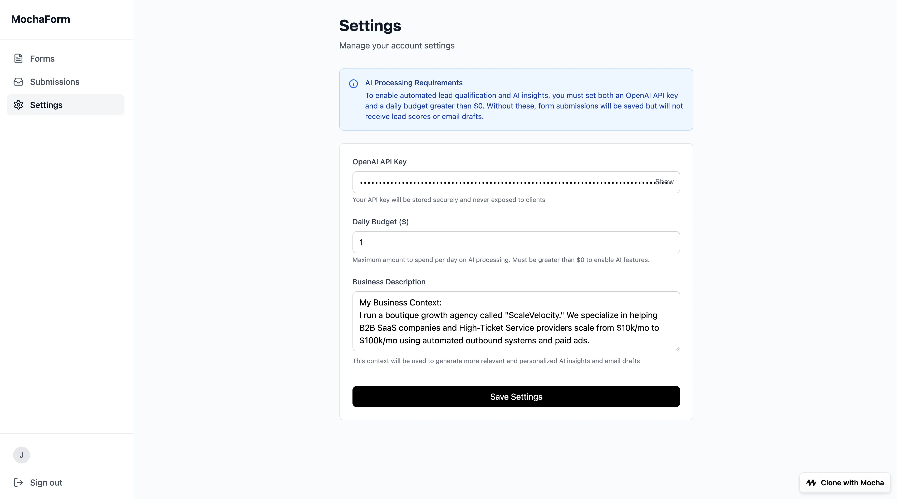 MochaForm settings page showing OpenAI API key configuration and System Instructions for business context