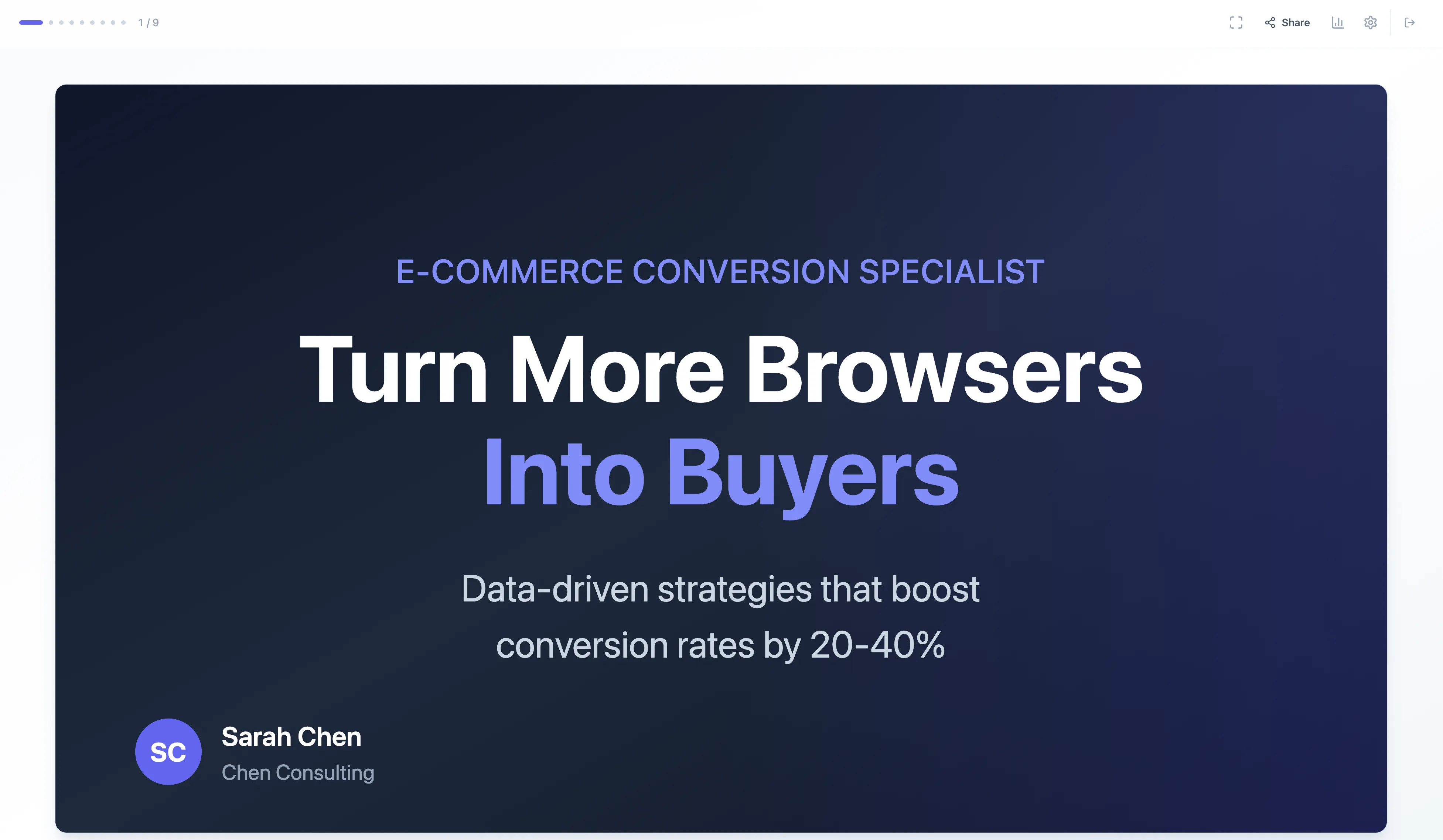 Finished pitch deck title slide: 'Turn More Browsers Into Buyers' with professional dark theme design