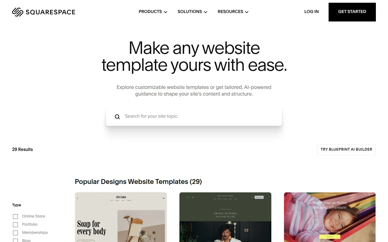 Squarespace template gallery showing professional website designs