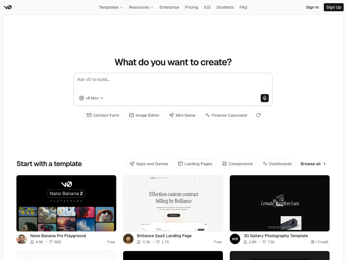 v0 by Vercel homepage — AI-powered app and website builder